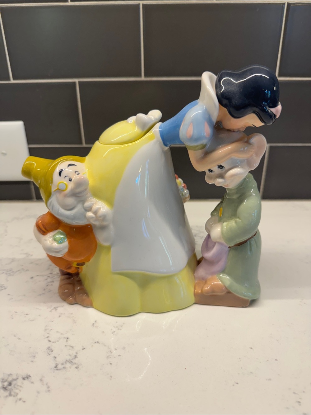 Disney Snow White and Dwarf Ceramic Figurine - Yellow, Blue, Green